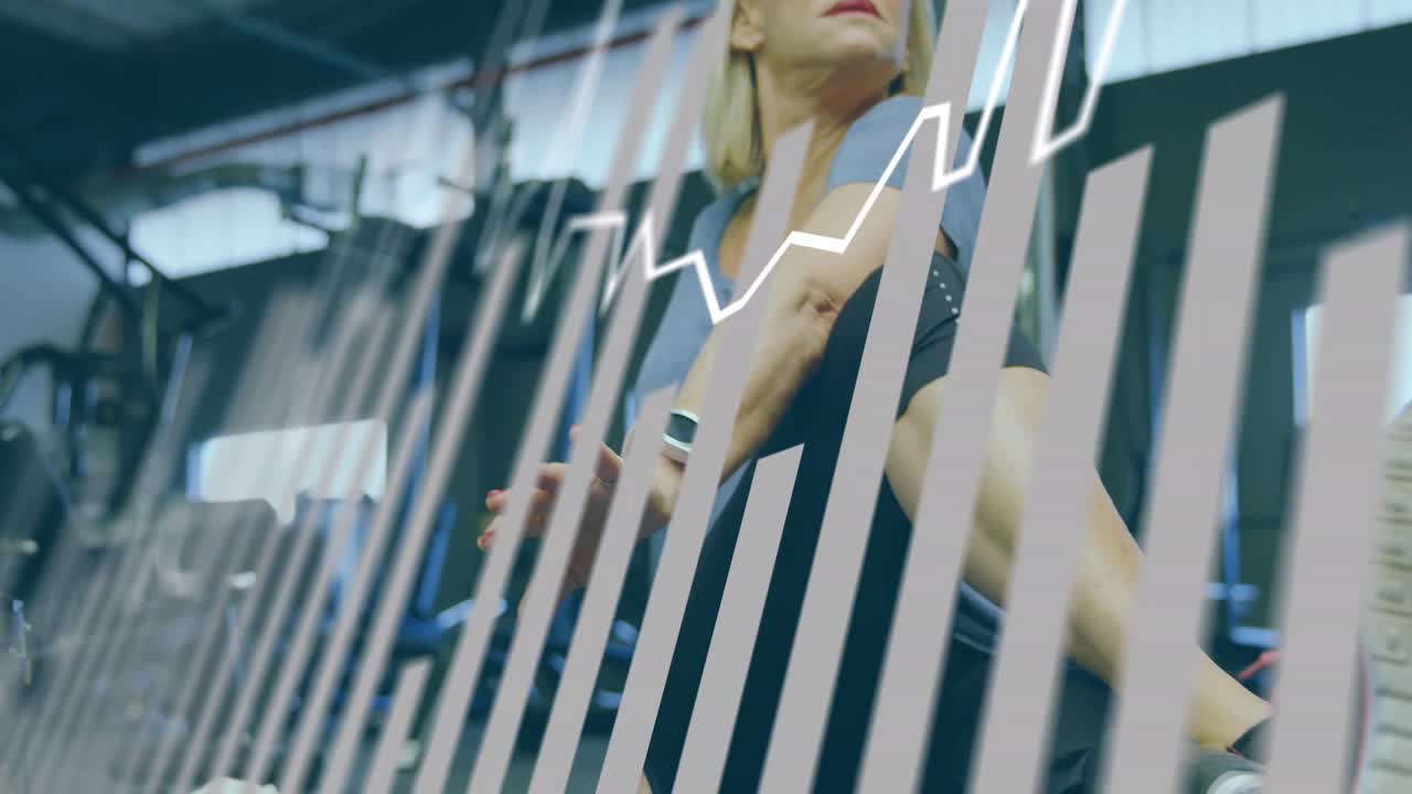 Animation of multiple graphs over senior caucasian woman doing stretching before exercise