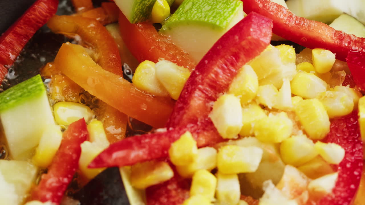 Close-up of Colorful Vegetables Sautéing in a Pan