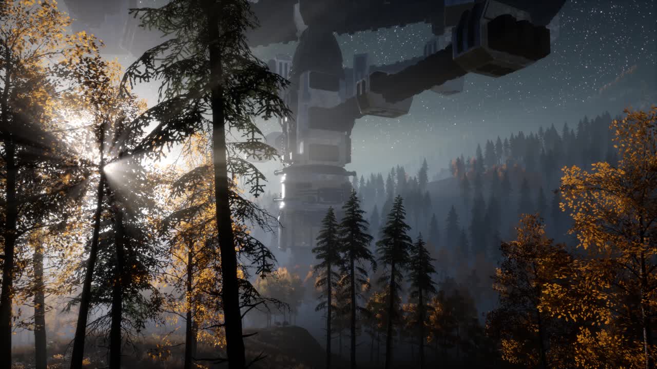 밤에 빛의  ⁇ 으로 숲 위를 떠다니는 ufo