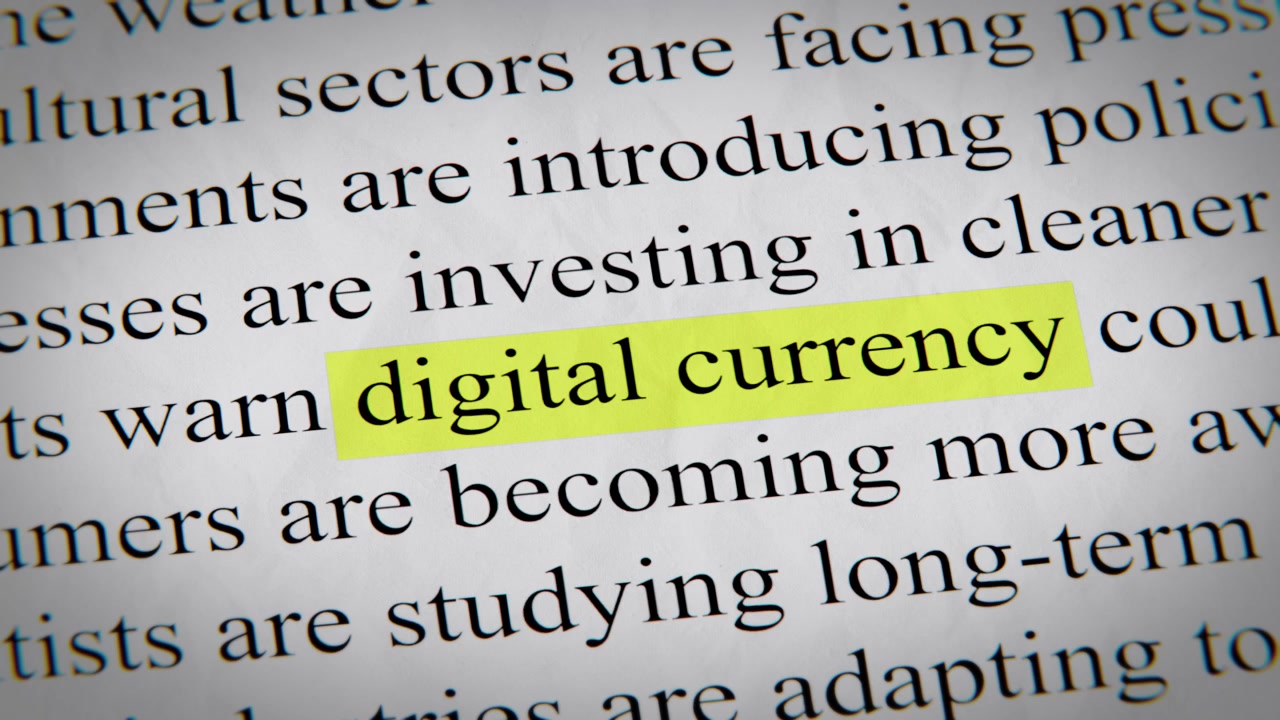 Minimal cinematic of digital currency text animation designed for documentary, economic, technology, and news-related storytelling.