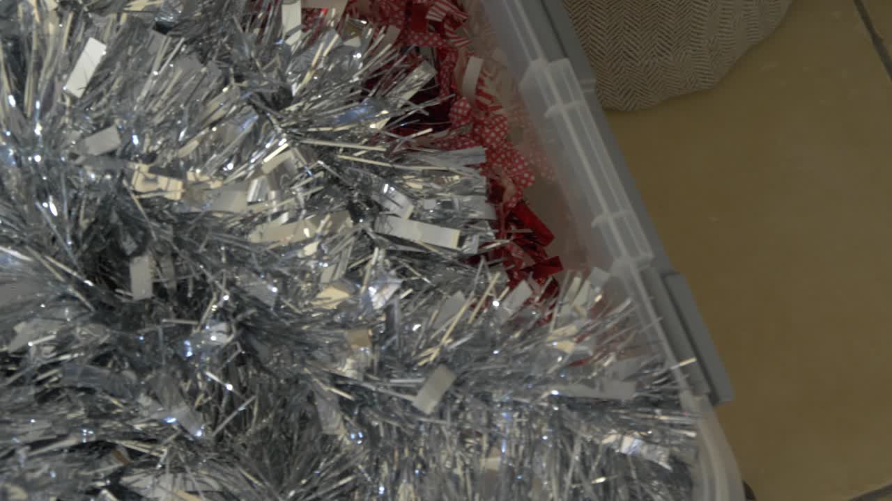 silver and red christmas tinsel and xmas decorations
