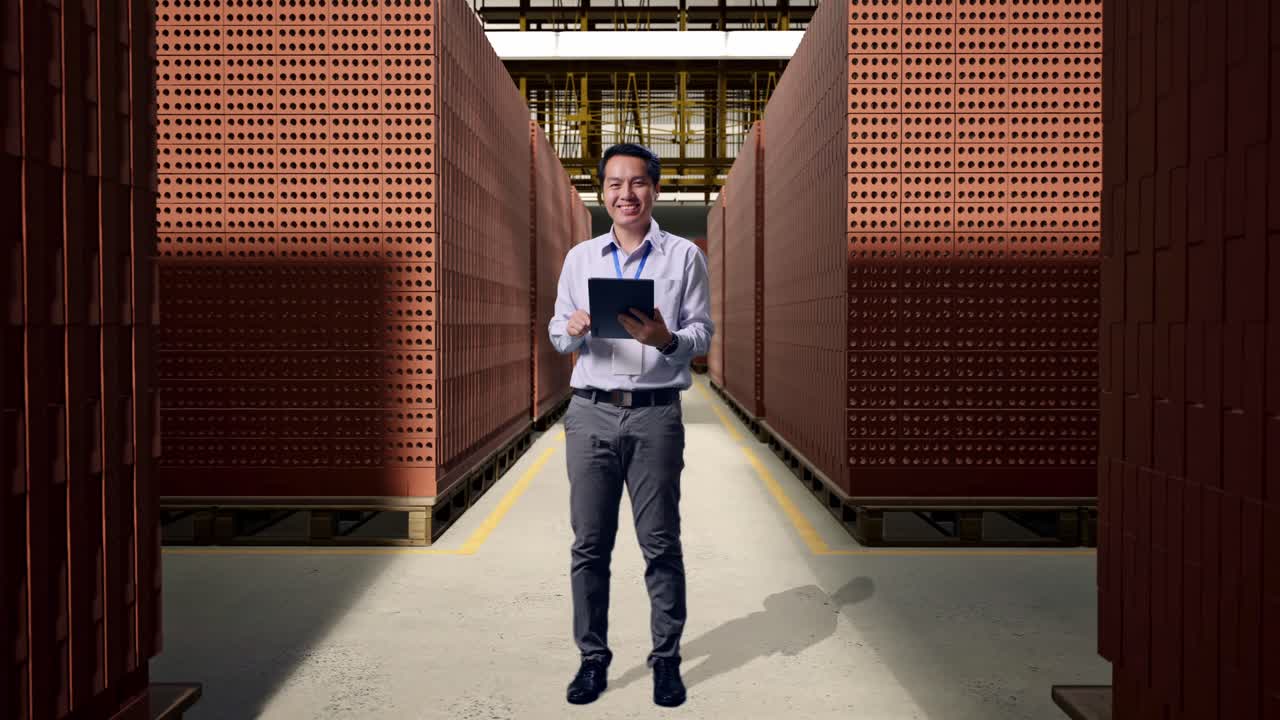 Full Body Of An Asian Male Professional Worker Standing With Red Brick Packed in Stacks Are Stored, Typing On Tablet'S Keyboard With Green Screen And Look At The Factory Once