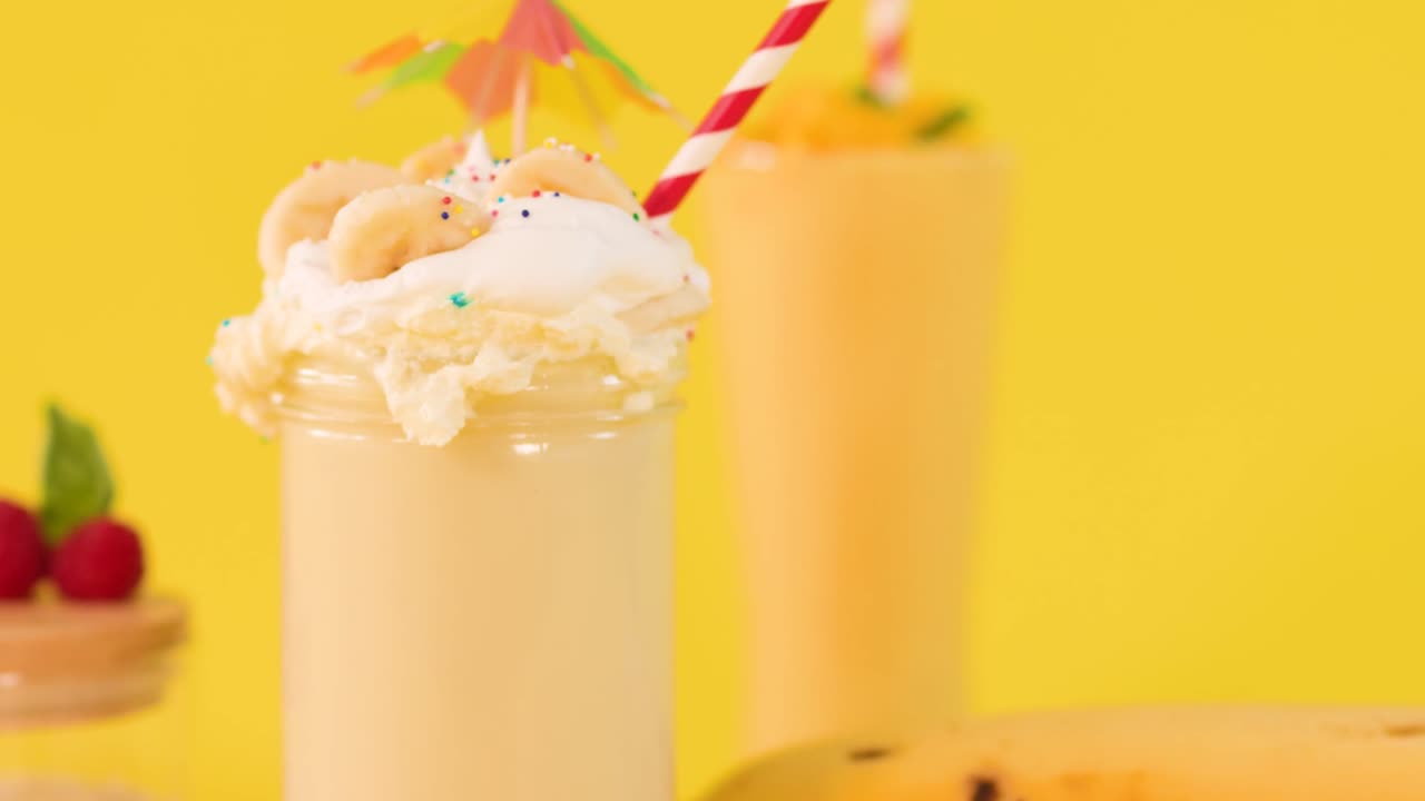 Primo piano di un cremoso frullato alla banana guarnito con panna montata, frutta e una cannuccia a strisce.