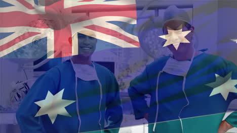 digital composition of australia flag waving against diverse male surgeons smiling at hospital