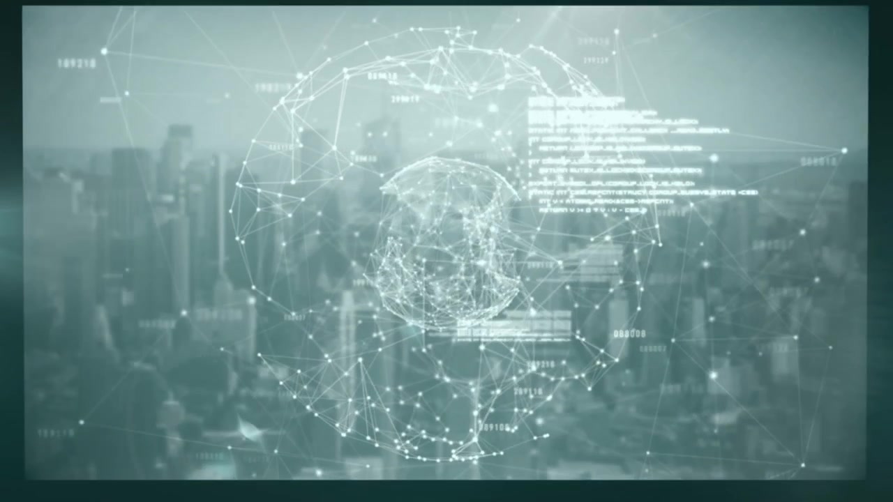 Animation of multiple screens with data processing over light spot against green background