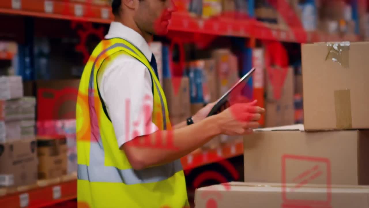 animación de iconos digitales sobre el hombre usando tableta en el almacén