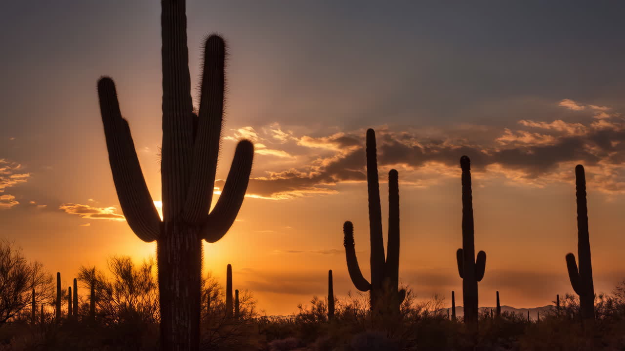 Saguaro Cacti Silhouetted Against a Vibrant Desert Sunset