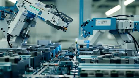 close-up of two robotic arms welding a metal part in a factory