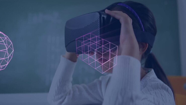 Animation af glødende 3D-former af dataoverførsel over asiatisk pige med VR-headset