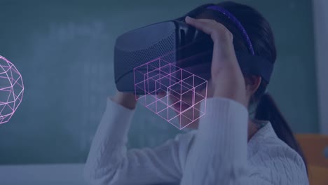 animation of glowing 3d shapes of data transfer over asian girl in vr headset