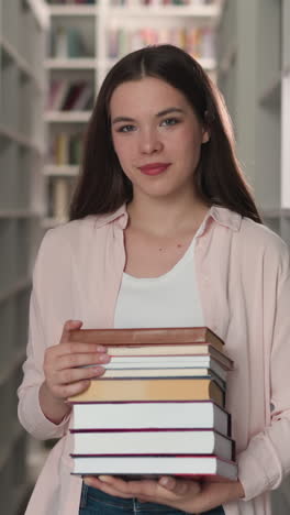 young teacher with folio stack in college library. happy librarian recommends literature for reading in bookstore. pretty lady with books collection