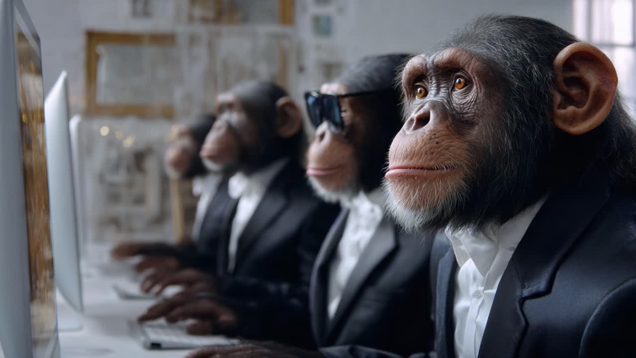 En gruppe af velklædte aber, der er intenst fokuseret på computerskærme, portrætterer en spændende blanding af raffinement og humor i en unik digital arbejdsplads.