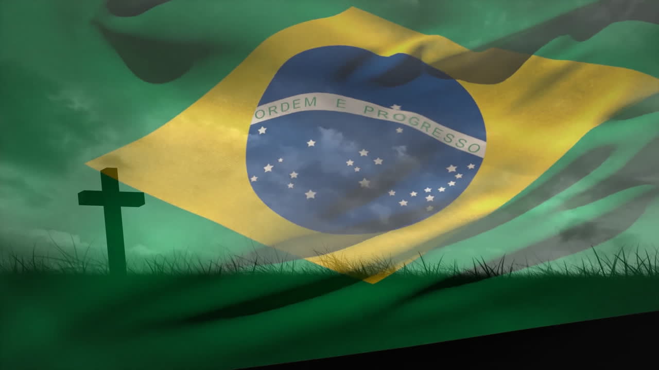 animación de la bandera de brasil sobre la cruz