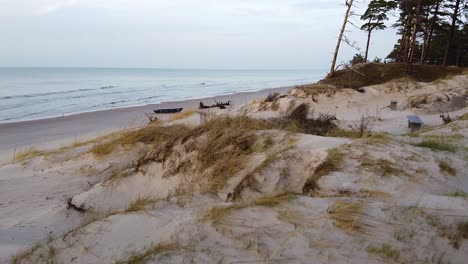 aerial view of baltic sea coastline at bernati beach in latvia, coastal pine forest, flying forward over dunes and white sand beach and fisherman boat, wide angle establishing drone shot