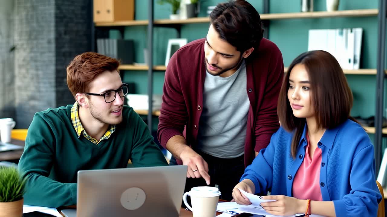 Image of three business people working at meeting.