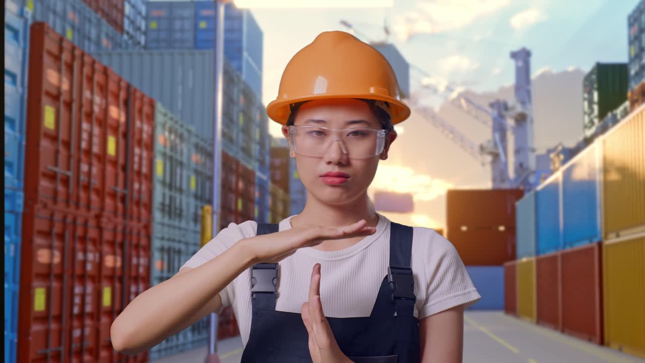 Close Up Of Asian Woman Worker Wearing Goggles And Safety Helmet Looking At Camera And Showing Time Out Hands Gesture While Standing At Container Yard Warehouse