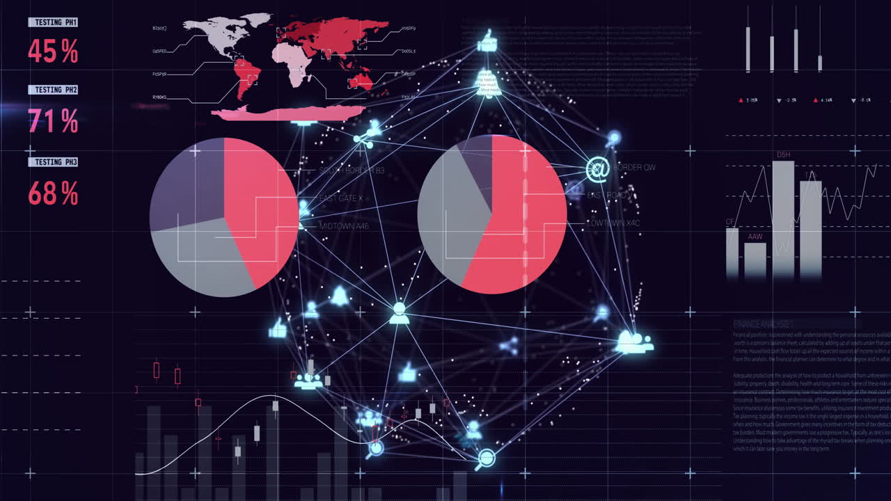 Animation of statistical data processing and globe of digital icons against black background