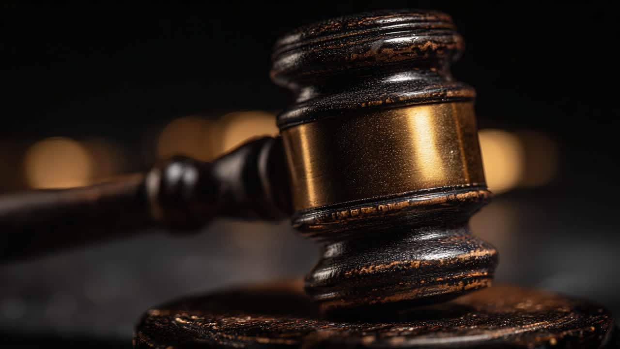 Una Prospettiva Ravvicinata di un Martelletto Che Simboleggia Giustizia, Autorità e Procedimenti Legali nell'Aula di Tribunale, Evidenziando il Potere del Potere Giudiziario e il Suo Ruolo nella Società.