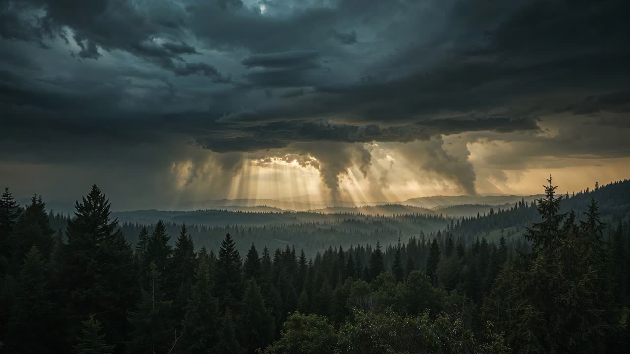 Dramatic Stormy Landscape with Sun Rays Over Forest and Mountains