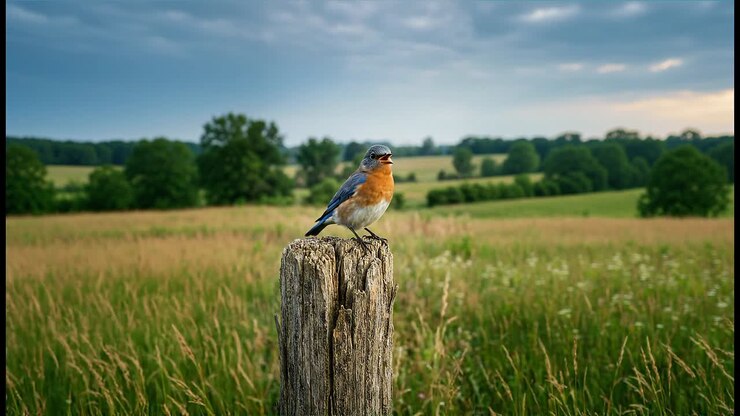 Colorful bird perched on wooden post in grassy countryside landscape with distant trees and cloudy sky