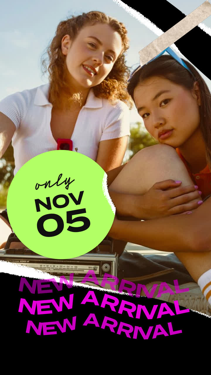 Two Young Women with Retro Radio and New Arrival Promotion