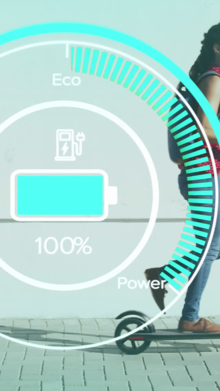 animación de panel de ecología sobre mujer biracial montando scooter