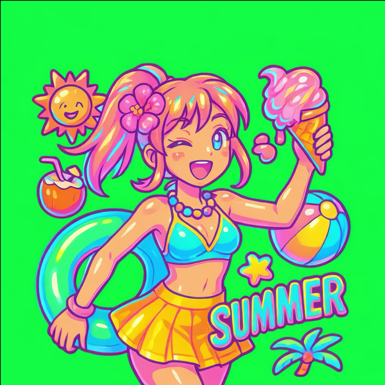 Vibrant summer anime illustration animation isolated asset, transparent 4K video, alpha channel