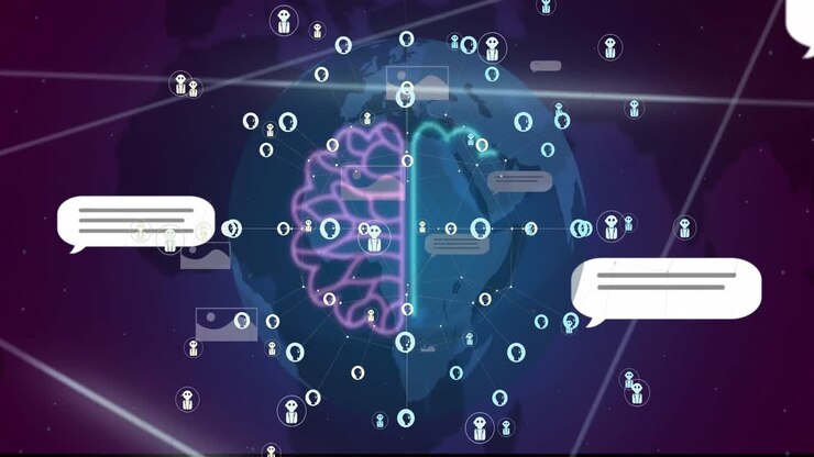 Animazione di chat AI ed elaborazione dati su globo su sfondo viola