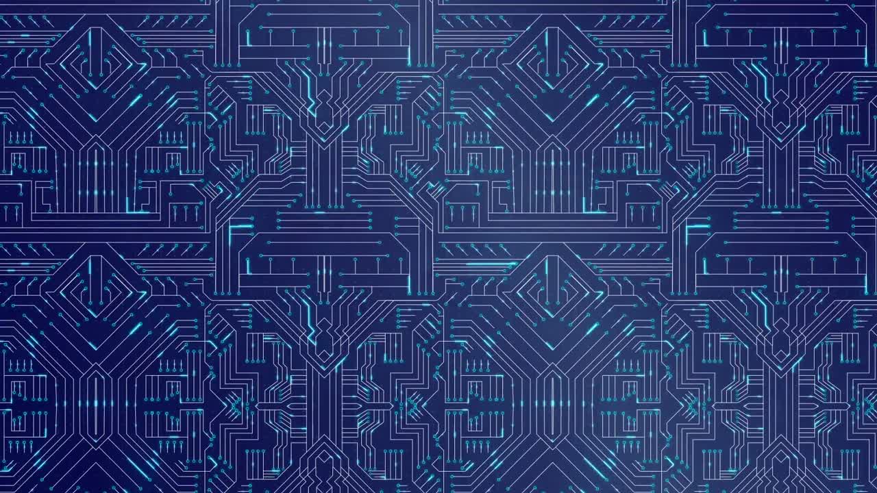 파란색 배경에 대한 마이크로프로세서 연결을 통해 빨간색 스 ⁇  스캔의 디지털 애니메이션