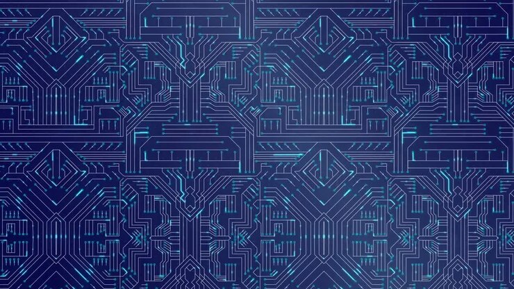 Digital animation of red scope scanning over microprocessor connections against blue background