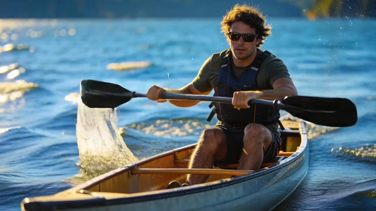 Inizio della pagaiata, canoista uomo che spinge la canoa sul lago, estraendo la pagaia, indossando un giubbotto di salvataggio per divertimento.