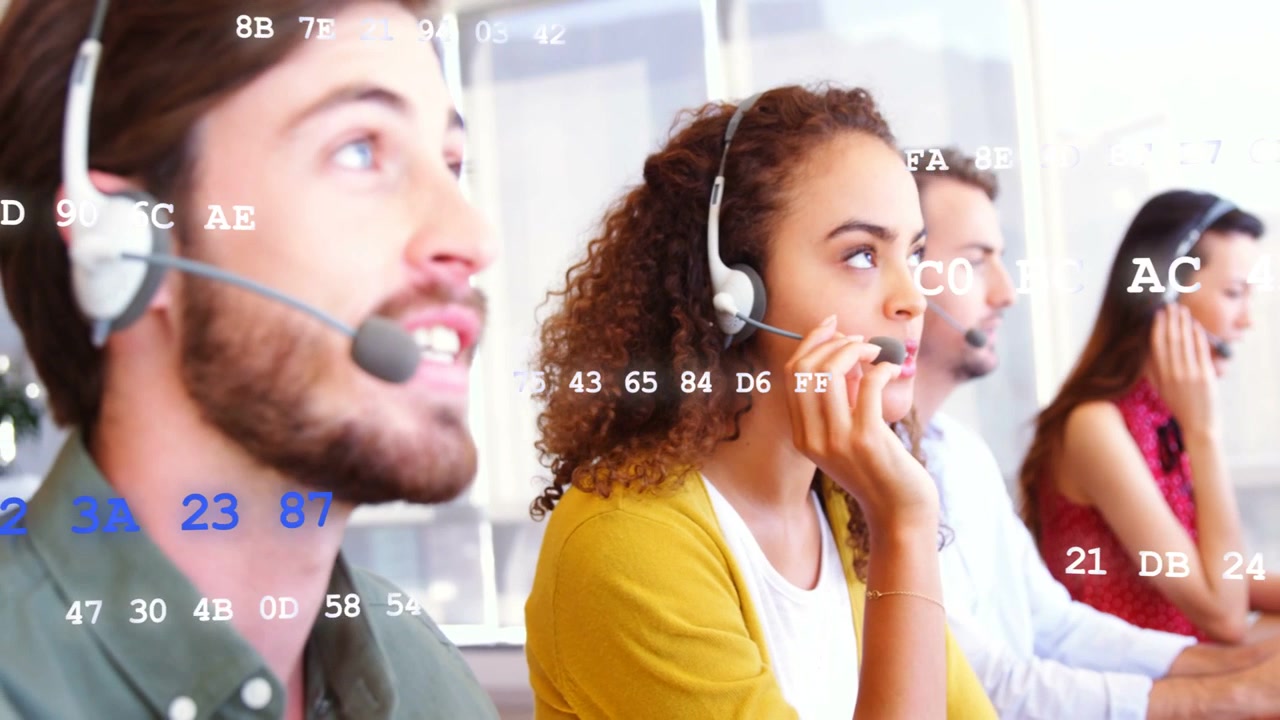 Call center agents answering incoming calls, helping callers with headsets while hex codes overlaid