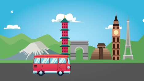 world tourism animation with monuments and van