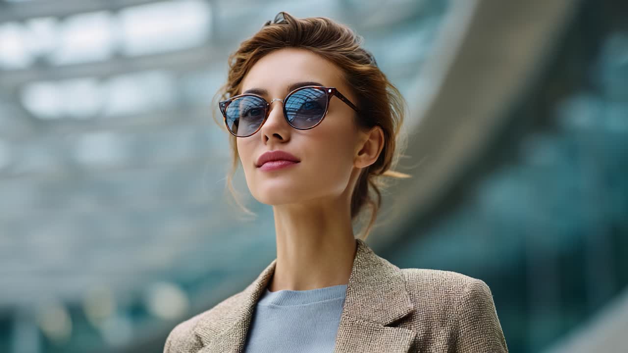Sophisticated Woman in Sunglasses and Stylish Blazer Exuding Confidence and Modern Elegance Against a Contemporary Architectural Background