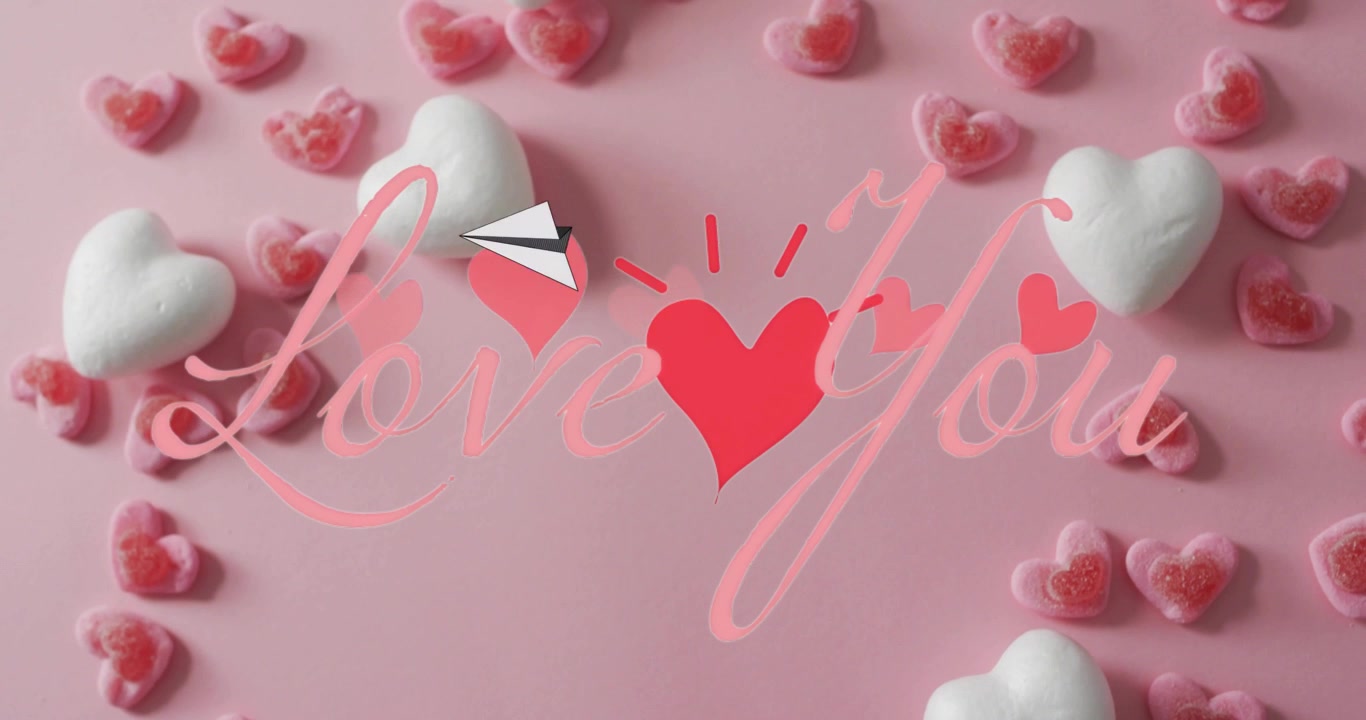 Un aeroplano di carta che segue un percorso tratteggiato su sfondo rosa, passando cuori rossi pulsanti, per un biglietto d'auguri.