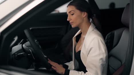 stylish business woman driving a car posing in front of the camera