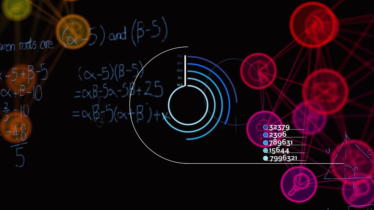 Animation of mathematical equations and two globes of medical icons spinning on black background