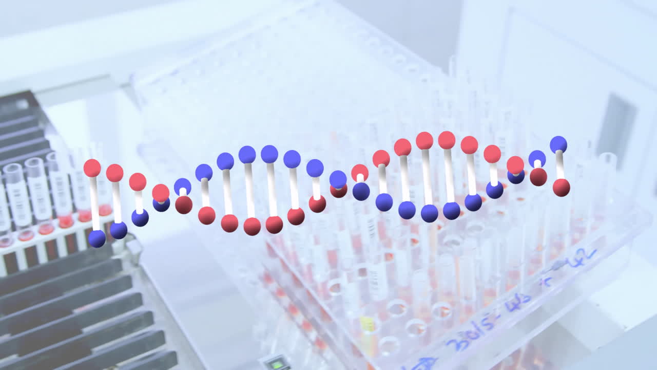 Animation of dna strand over test tubes in lab