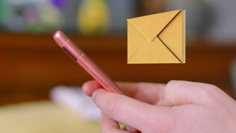 black friday text on 3d animation envelope icon appearing from smart phone with hands typing on screen keyboard with shallow dof. email alert sign pop up. communicating online concept.