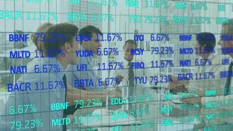 Animation-of-financial-data-over-diverse-businesspeople-shaking-hands