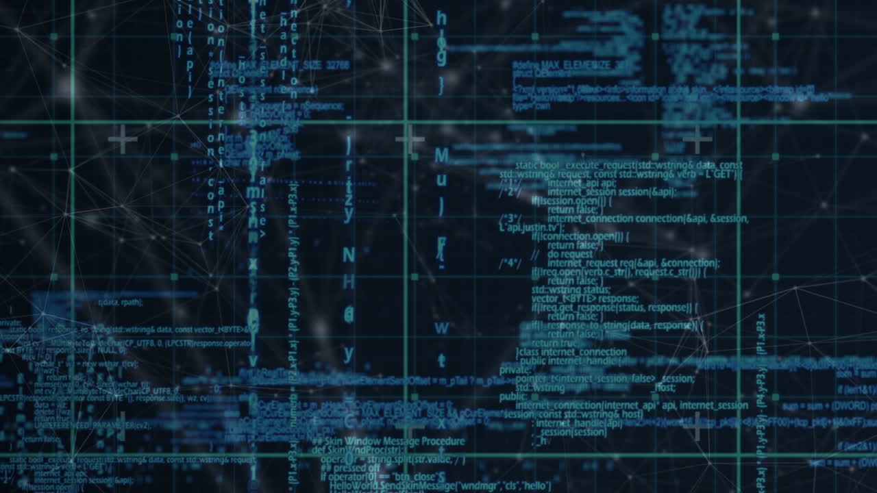 Animation of data processing and network of connections over dark background