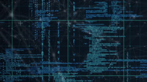 Animation of data processing and network of connections over dark background