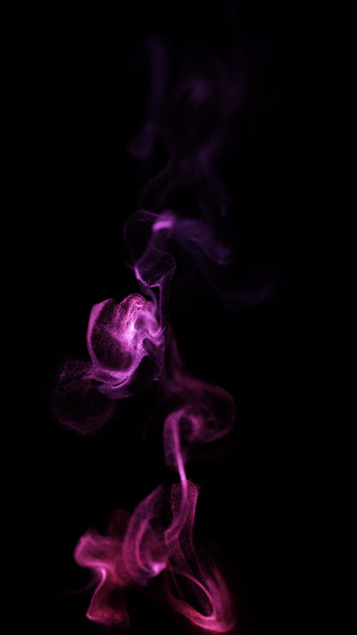 Vortici dinamici di particelle rosa e viola su sfondo nero