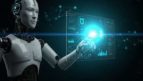 futuristic robot interaction with digital cryptocurrency dashboard showcasing bitcoin analytics and security metrics in a high-tech environment