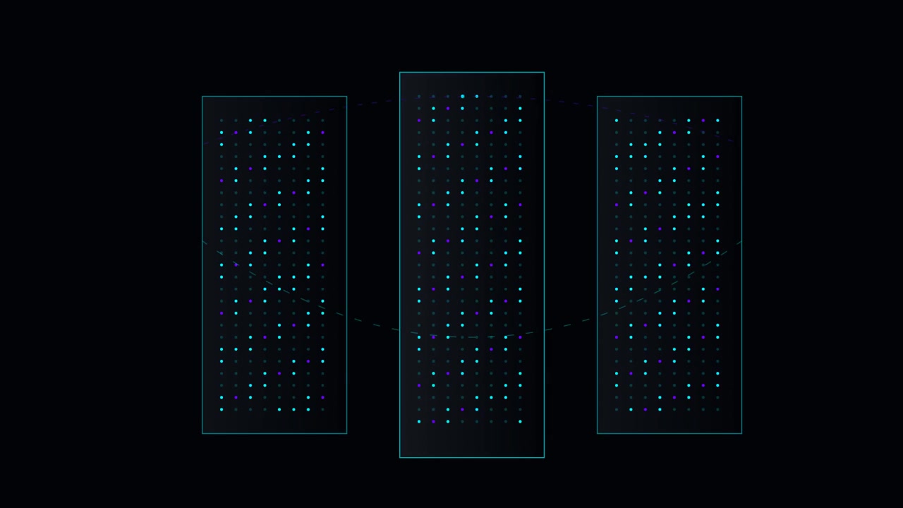 Visualizzazione astratta di dati digitali con punti luminosi su tre pannelli