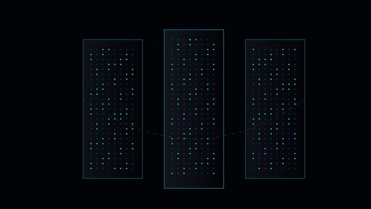 Abstract Digital Data Visualization with Glowing Dots in Three Panels