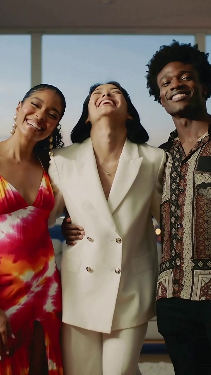 Vertical video: Reaching woman in white suit pulling two friends into linked pose in loft