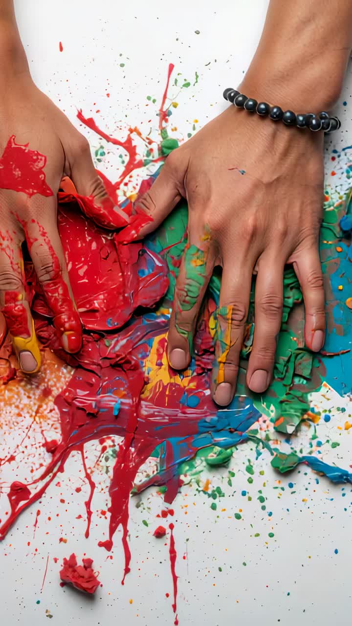 Vertical video: Placing two hands pressing, smearing paint on white desk, mixing colors with beads