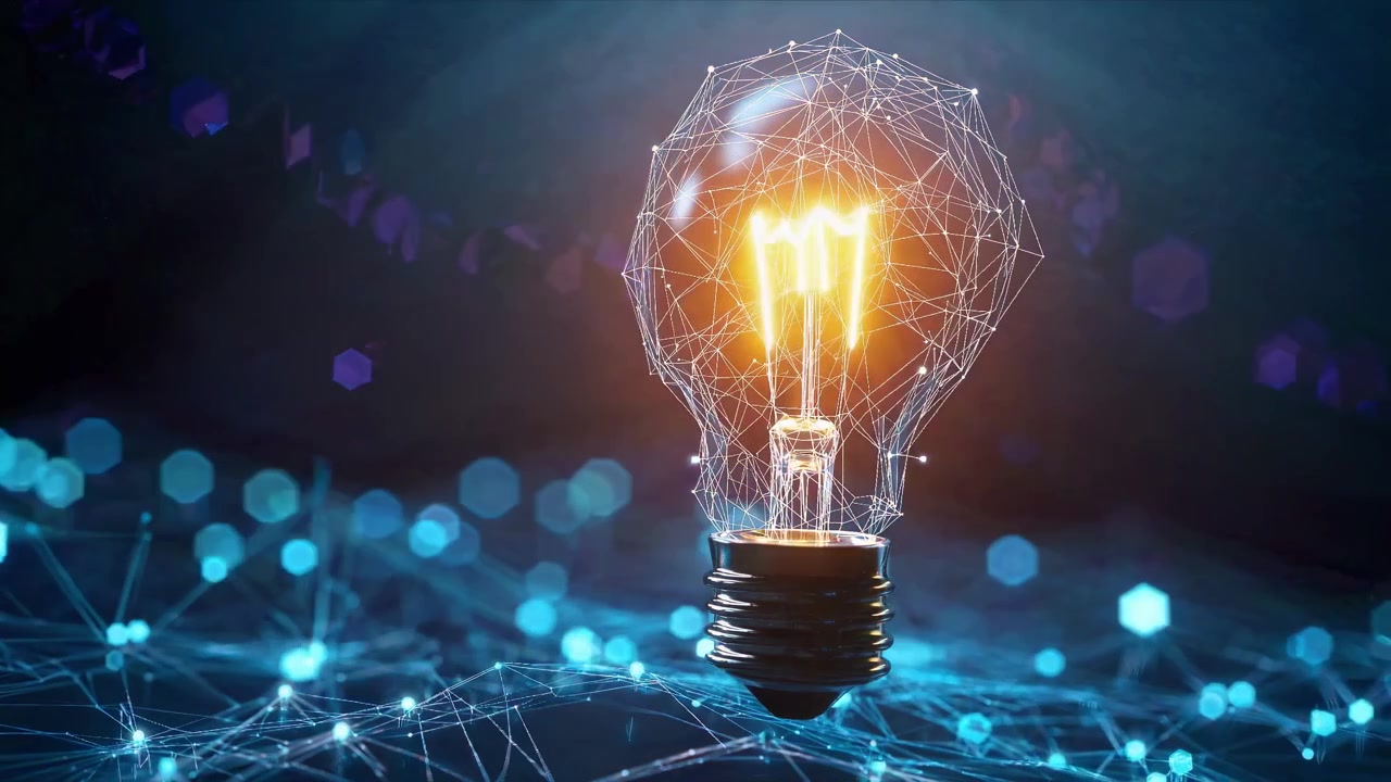 Conceptual Light Bulb Illuminating in a Futuristic Digital Network