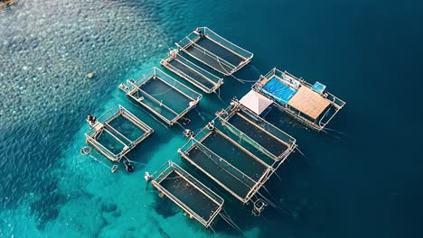 aerial view of a fish farm in the ocean